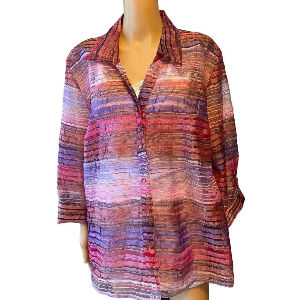 Elements Sexy Mesh  Button Down Multicolor shirt Blouse Women Size XL